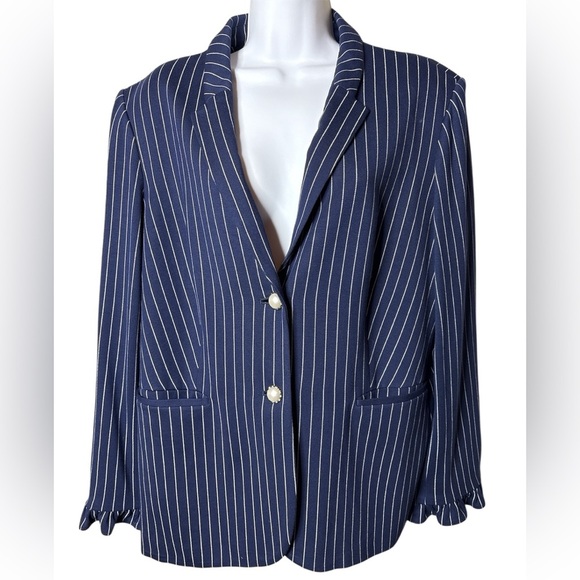 NWT Chico's Navy and White Striped Blazer Women’s XLP Ruffled Cuff Pearl Buttons - Picture 1 of 10